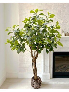 Lifelike Artificial Ficus Tree in Woven Basket - Stylish Indoor Floor Plant